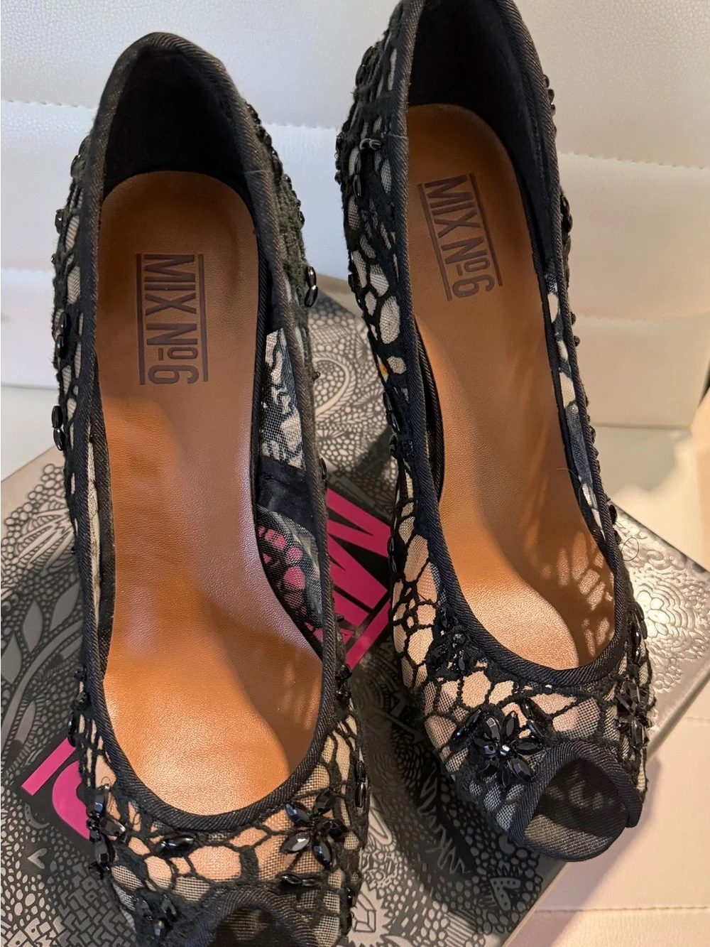 Mix No. 6 Black Lace Peep Toe Heels with Beaded Detail